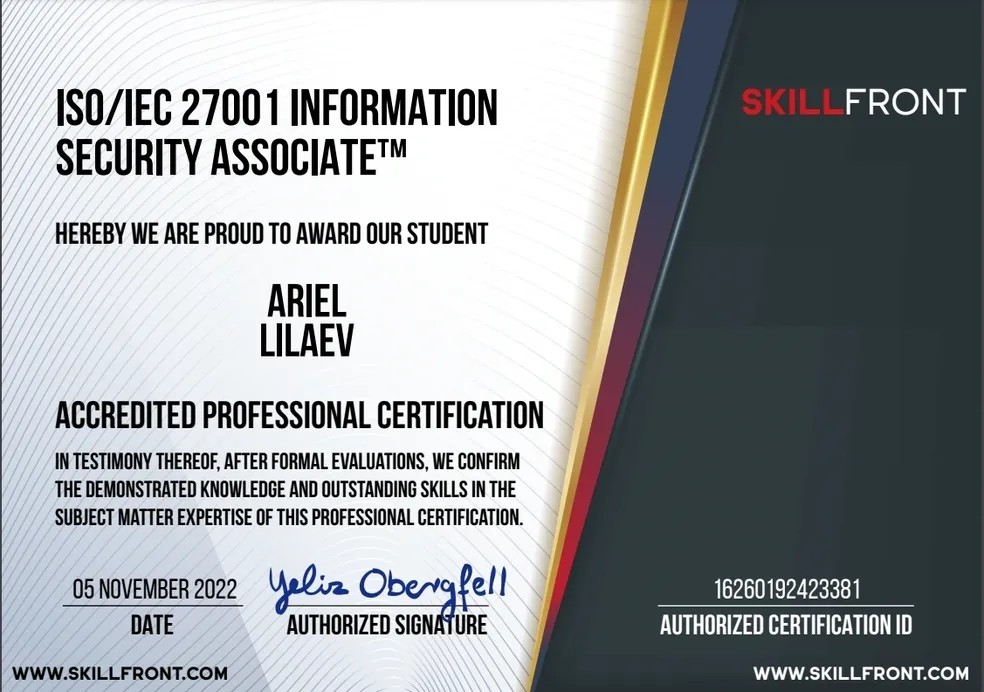 ISO 27001 Associate | SkillFront | אריאל לילייב SYBER - Cyber Security Consulting Ariel Lilaev | ISO/IEC 27001 Information Security Associate SkillFront 2022
